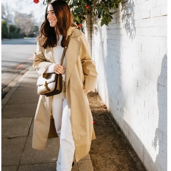 NEW Jenni Kayne Raincoat Trench Coat Long Coat Belted Khaki Tan Large - Picture 8 of 10